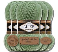 Hobby YARN 3x Etikettenlabel mit Alize Lanagold Wolle Premium 5x100g als Set, Yarn, Garn, Strickgarn, Einfarbig, Baby, zum Häkeln, Stricken, Kleidung, Schals (Silver Pine - 180)