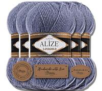 Hobby YARN 3x Etikettenlabel mit Alize Lanagold Wolle Premium 5x100g als Set, Yarn, Garn, Strickgarn, Einfarbig, Baby, zum Häkeln, Stricken, Kleidung, Schals (Denim Melange - 203)