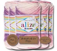 Hobby YARN 3x Etikettenlabel mit Alize Sekerim Bebe Batik Wolle Premium 5x100g als Set, Yarn, Garn, Strickgarn, Farbverlauf, Babywolle zum Häkeln, Stricken, Kleidung, Schals (2135)
