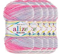 Hobby YARN 3x Etikettenlabel mit Alize Sekerim Bebe Batik Wolle Premium 5x100g als Set, Yarn, Garn, Strickgarn, Farbverlauf, Babywolle zum Häkeln, Stricken, Kleidung, Schals (7253)