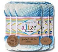Hobby YARN 3x Etikettenlabel mit Alize Sekerim Bebe Batik Wolle Premium 5x100g als Set, Yarn, Garn, Strickgarn, Farbverlauf, Babywolle zum Häkeln, Stricken, Kleidung, Schals (2130)