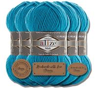 Hobby YARN 3x Etikettenlabel mit Alize Superlana Midi Wolle Premium 5x100g als Set, Yarn, Garn, Strickgarn, Einfarbig, Baby, zum Häkeln, Stricken, Kleidung, Schals (Turquoise | 484)