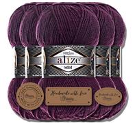 Hobby YARN 3x Etikettenlabel mit Alize Superlana Midi Wolle Premium 5x100g als Set, Yarn, Garn, Strickgarn, Einfarbig, Baby, zum Häkeln, Stricken, Kleidung, Schals (Plum | 111)