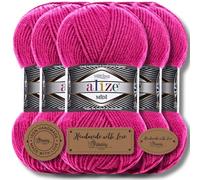 Hobby YARN 3x Etikettenlabel mit Alize Superlana Midi Wolle Premium 5x100g als Set, Yarn, Garn, Strickgarn, Einfarbig, Baby, zum Häkeln, Stricken, Kleidung, Schals (Fuchsia | 149)
