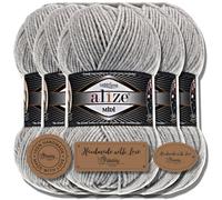 Hobby YARN 3x Etikettenlabel mit Alize Superlana Midi Wolle Premium 5x100g als Set, Yarn, Garn, Strickgarn, Einfarbig, Baby, zum Häkeln, Stricken, Kleidung, Schals (Light Grey Melange | 208)