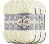 Alize 5x 100g Velluto türkische Wolle Super Bulky Chenillegarn Kuschelweich Babywolle Handstrickgarn zum häkeln weiches Chenille-Garn XXL-Knäuel für Amigurumi (Light Cream | 62)