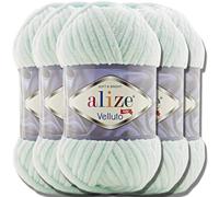 Hobby YARN 3x Etikettenlabel mit Alize Velluto Wolle Premium 5x100g als Set, Chenille Dicke Wolle zum Häkeln Uni Farbe Bulky Amigurumi Kuschelwolle Filzwolle (Water Green | 15)