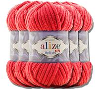 Alize Velluto 5x 100g Türkische Strickwolle super Bulky Wolle zum Häkeln Uni Farbe Babywolle Flauschgarn Filzwolle Kuschelwolle (Red | 56)