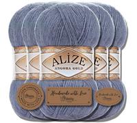 Hobby YARN Alize 5x 100g Angora Gold Türkische Premium Wolle Dünne Mohair aus Schurwolle Babywolle als Strickgarn Handstrickgarn Einfarbig Uni Yarn (Denim Melange | 203)