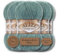 Hobby YARN Alize 5x 100g Angora Gold Türkische Premium Wolle Dünne Mohair aus Schurwolle Babywolle als Strickgarn Handstrickgarn Einfarbig Uni Yarn (Azure | 164)
