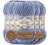 Hobby YARN Alize Velluto 5x 100g Türkische Strickwolle super Bulky Wolle zum Häkeln Uni Farbe Babywolle Flauschgarn Filzwolle Kuschelwolle (Denim | 374)
