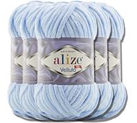 Hobby YARN Alize Velluto 5x 100g Türkische Strickwolle super Bulky Wolle zum Häkeln Uni Farbe Babywolle Flauschgarn Filzwolle Kuschelwolle (Baby Blue | 218)