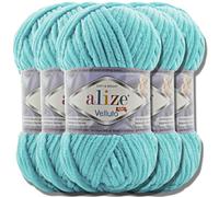 Hobby YARN Alize Velluto 5x 100g Türkische Strickwolle super Bulky Wolle zum Häkeln Uni Farbe Babywolle Flauschgarn Filzwolle Kuschelwolle (Cyan | 490)