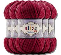 Hobby YARN Alize Velluto 5x 100g Türkische Strickwolle super Bulky Wolle zum Häkeln Uni Farbe Babywolle Flauschgarn Filzwolle Kuschelwolle (Cherry | 107)