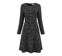 Hobemty Damen Tweed-Kleid Langarm Rundhalsausschnitt Vintage Arbeit Büro Flare A-Linie Kleider, Schwarz, XX-Large