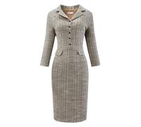 Hobemty Damen Tweedkleid 3/4 Ärmel Reverskragen Button Down Etuikleid Elegant Business Kleid Khaki M