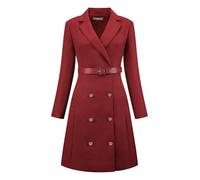 Hobemty Damen Tweedkleid Zweireihig Langarm-Blazerkleid Gürtel Kleid rot M