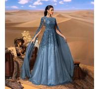 Hochelegantes luxuriöses bodenlanges Abendkleid mit Perlen und Pailletten, dramatischen transparenten Tüllärmel und Korsage-Silhouette für exklusive G