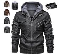 Hochwertige Lederjacke Herren, Abnehmbarer Kapuze Hooded Leather Jacket Mit Reißverschluss,Echtes Lederjacke Herren Abnehmbarer Hoodie,Lässige Biker Lederjacke aus Kunstleder,S-5XL (Schwarz,3XL)