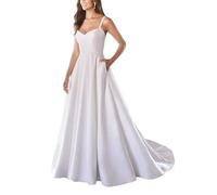 Hochzeit A-Linie Brautkleid Einfache Samt Braut Lange Satin Kleid, SEVENYXX, weiß, 38
