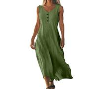 Hochzeit Kleid Damen Slim Fit Mode Strandkleid Dresses for Women Uk V-Ausschnitt Strandkleider Plisseekleid Casual Viktorianisches Kleid Leinenkleider Einfarbige Strandkleid Damen Lang(1-Army Green,L)