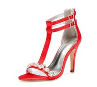 Hochzeit Schuhe Damen Stiletto High Heel Bridal Satin Peeptoes High Sandals Hochzeitskleid Partei Abendschuhe 10 .5Cm,Rot,40 EU