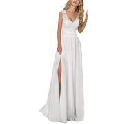 Hochzeit Strand Vintage V-Ausschnitt Brautkleid Böhmische Spitze Kleid, SEVENYXX, weiß, 36
