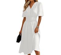 Hochzeitsgast Kleid Damen,Damen es Midikleid Sommerkleid Lang Midikleid Einfarbig Kurzarm StrandkleidFreizeitkleider Leicht Luftig A Linie Sommerkleider Partykleid Hohe Taille Wickelkleid(Weiß,S)