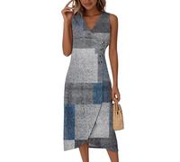 Hochzeitsgast Kleid Damen,Damen Sommer Kurzarm V-Ausschnitt Cocktailkleid Elegant Midikleid Ärmelloses V Ausschnitt Sommerkleid Wickelkleid Partykleid Strandkleid Knopf Luftig Hohe Taille(2-Marine,XL)