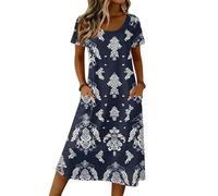 Hochzeitsgast Kleid Damen, Damen Tailliertes Midikleid Cocktailkleid Elegant Freizeitkleid Polka Dot Rundhals Kurzarm Sommerkleid Kleider Lockere Casual Boho Mit Seitentaschen (3-Dunkelblau, L)