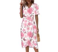 Hochzeitsgast Kleid Damen, Kleider Damen Elegante Rundhals Midi V-Ausschnitt Kurzarm Lang Blumenmuster Sommerkleider Boho Tailliert Knopf Partykleid Freizeitkleid A-Linie Casual (2-Rosa, L)