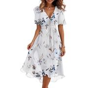 Hochzeitsgast Kleid Damen Lang Floral Chiffonkleid Damen Festlich Geblümt Midi Festliche Kleider Für Hochzeit V Ausschnitt Sommerkleid Elegant A Linie Chiffon Sommerkleider Leicht und Luftig