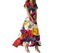 Hochzeitsgast Kleid Damen, Schwarzes Kleid Damen Sommerkleider Lang Sommer Blumen Drucken V Ausschnitt Kurzarm Maxikleid Tunika Swing Lang Elegantes Kleider Festlich Elegant Polka Dot
