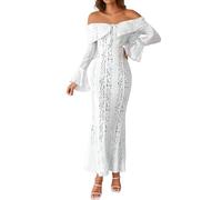 Hochzeitsgast Kleid Damen Weiß Hochzeitsgast Abendkleid Damen Midi Elegant Kleider Off Shoulder A Linie Kleid Korsett Rüschen Midikleid Luftige Häkel Spitze Partykleid Cocktailkleid M White