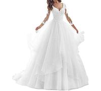 Hochzeitskleid Brautkleid A-Linie V Ausschnitt Damen Prinzessin Brautkleider Langarm Elfenbein 44