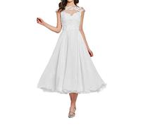 Hochzeitskleid Damen Kurz Vintage Brautkleid Spitze A-Linie Schlichte Abendkleider Elfenbein 40
