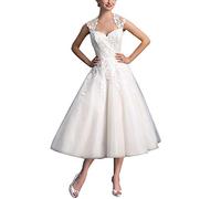Hochzeitskleid Damen Kurz Vintage Brautkleid Spitze Tüll A Linie Hochzeitskleider Brautkleid Weiß 44