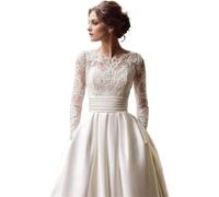 Hochzeitskleid, langärmelig, A-Linie, Satin-Brautkleid mit Schleppe, weiß/elfenbeinfarbene Spitzenapplikationen, Brautkleider, Weiß, 40