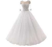 Hochzeitskleid Prinzessin Tüll Glitzer Perlen Langarm Damen Brautmode Brautkleid A-Linie Lang Weiß 52