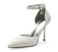 Hochzeitsschuhe Braut Spitze High Heels Damen Pumps Knöchelriemen Absatzschuhe Damen,Elfenbein,34 EU