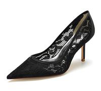 Hochzeitsschuhe Damen Braut High Heels Spitze Pfennigabsatz High Heels Lace Pointed Toe Pumps 8.5Cm,Schwarz,39 EU