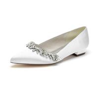 Hochzeitsschuhe Damen Geschlossener Spitze Slip-On Crystal Flat Schuhe Dress Casual Büroschuhe Satin Brautschuhe 2 cm,Weiß,36 EU