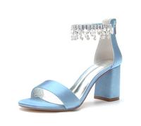 Hochzeitsschuhe Damen Hohen Sandalen Satin Absätzen Modische Blockabsatz Offener Spitze Bridal High Heels 8Cm,Sky Blue,37 EU