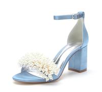 Hochzeitsschuhe Damen Offener Spitze High Hat Schuhe Bridal Satin Block Absatz Sandalen Closing Ball, Abend, Party, Schuhe 8Cm,Sky Blue,37 EU