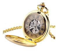 HODAGES Taschenuhr Luxus Goldener Anhänger Vintage automatische mechanische Taschenuhr offenes Gesicht römische Ziffern mit Goldener Kette für Männer Frauen