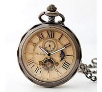 HODAGES Taschenuhr Luxus Open Face Handaufzug Tourbillon Mechanische Taschenuhr Römische Zahl Monduhr Geschenkbox,Bronze (Bronze)