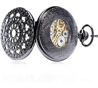 HODAGES Taschenuhr, Schwarz Metall Hohl Handaufzug Mechanische Taschenuhr Uhren Herren 30cm Kette Geschenk