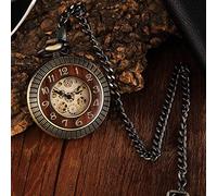 HODAGES Taschenuhr Vintage Holz Kreis geschnitzt Nummer Zifferblatt mechanische Taschenuhr Männer einzigartige Hohle Steampunk Bronze mechanische Uhr Uhren Kette