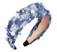 Hoement Geknotetes Breites Jeans Stirnband mit Strasssteinen und Samt für Damen Modisches Haarband für Gesichtspflege Party und Alltag