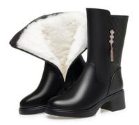 Hohe Stiefel für Damen, Winterstiefel mit halbhoher Wade für Damen, warme, mit Fell gefütterte Stiefel mit halbhoher Wade, wasserdichte Winter-Schneestiefel mit rutschfester Sohle,Schwarz,37 EU